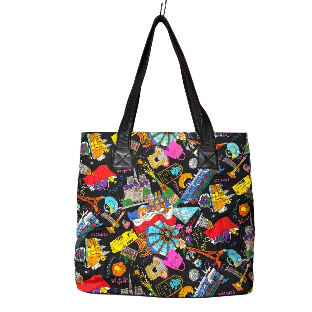 VTG 1991 Nicole Miller Paris France French‎ Themed 100% Silk Tote Bag Leather